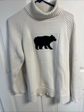 Coldwater Creek Cream Turtleneck Sweater with Black Bear Motif
